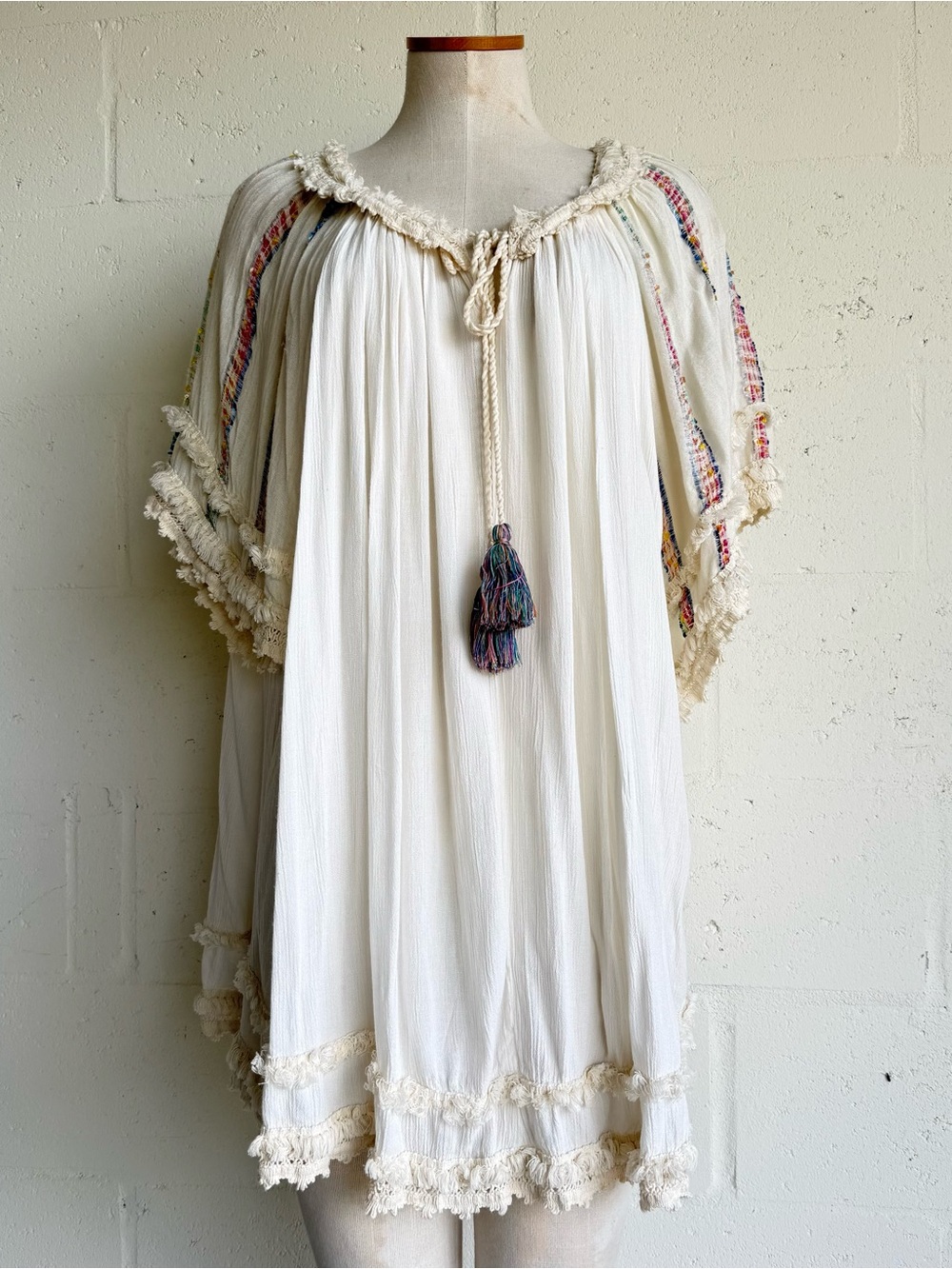 Avani del amour mini dress Small Beige embroidered tassels Boho oversized ruffle